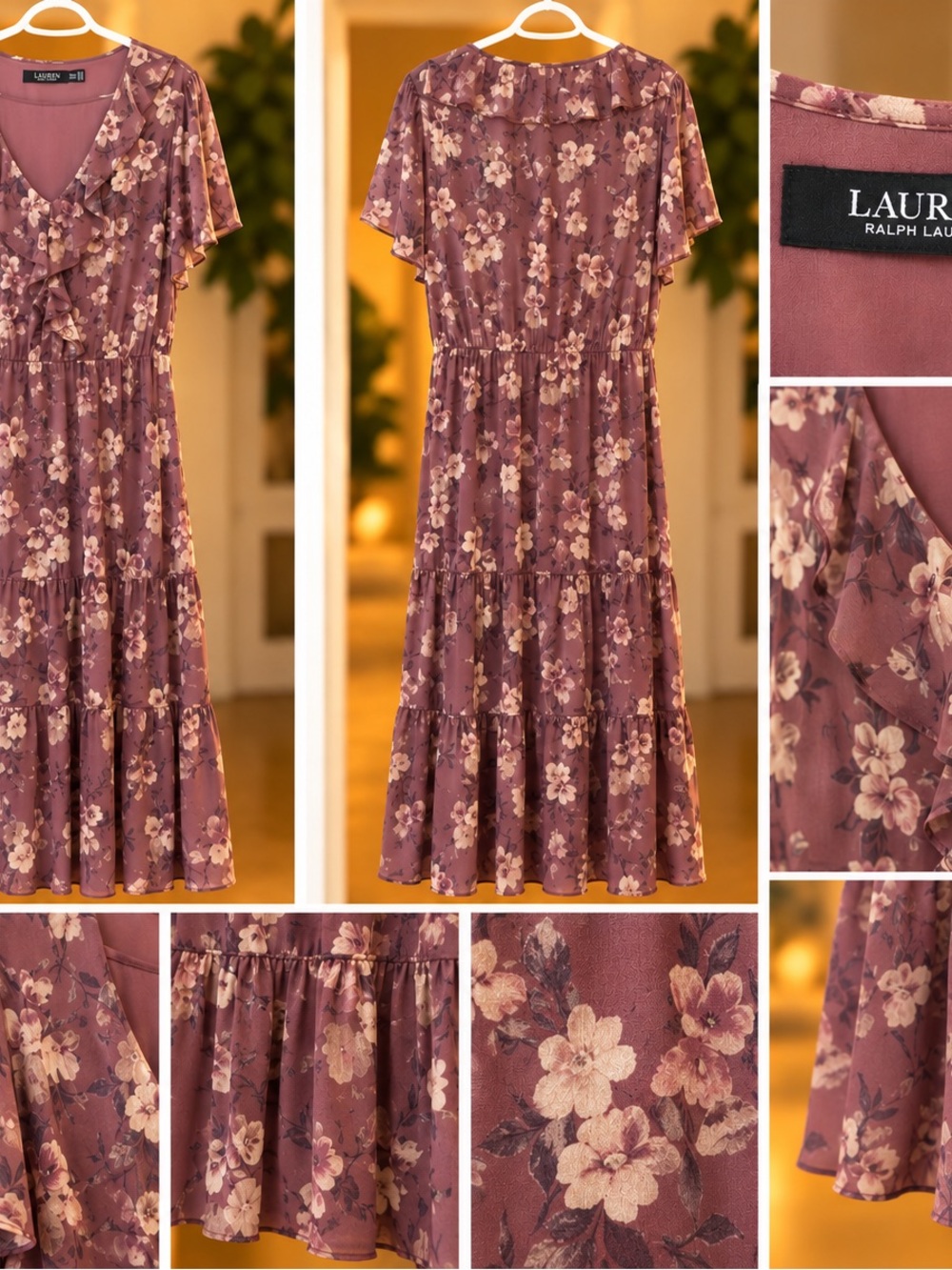 Lauren Ralph Lauren Dusty Mauve Floral Tiered Midi Dress